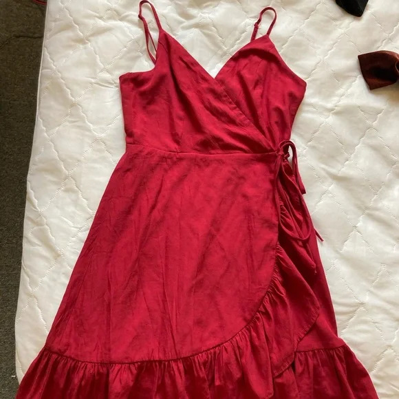 red spaghetti strap wrap dress Red Fit and Flare Sundress, Summer Spaghetti Strap Dress 'Little Red Bows', Cute Midi Dress with Playful Bow Details and Hidden Pockets